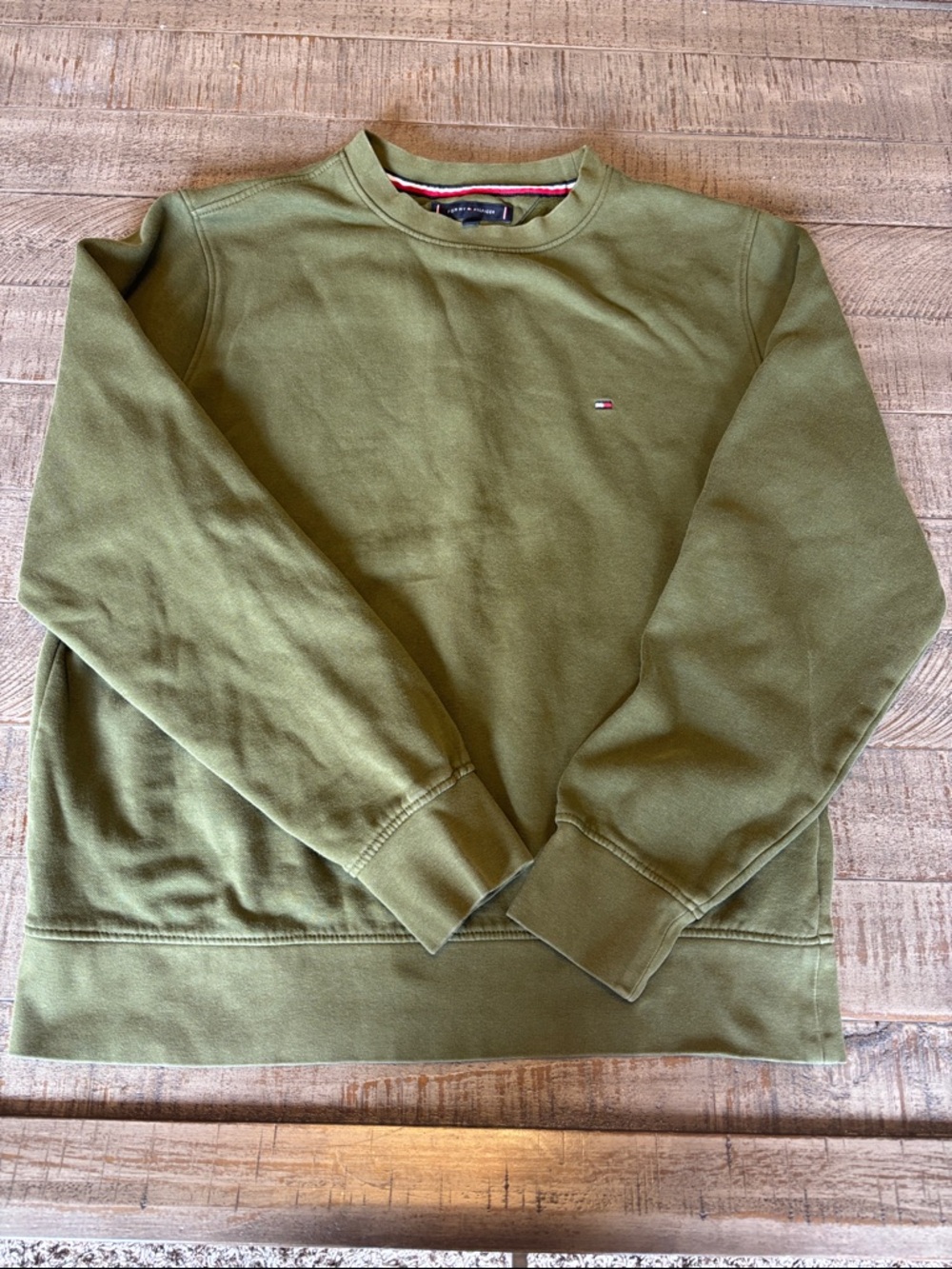 Tommy Hilfiger Olive Crewneck Sweatshirt with Flag Logo